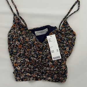 Urban Outfitters Navy Floral Ruched Cami with Mustard Accents